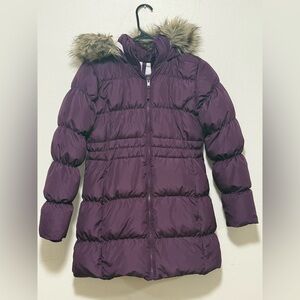 Lands End Kids puffer coat fleece lined faux fur hood thumb sleeve girl size M